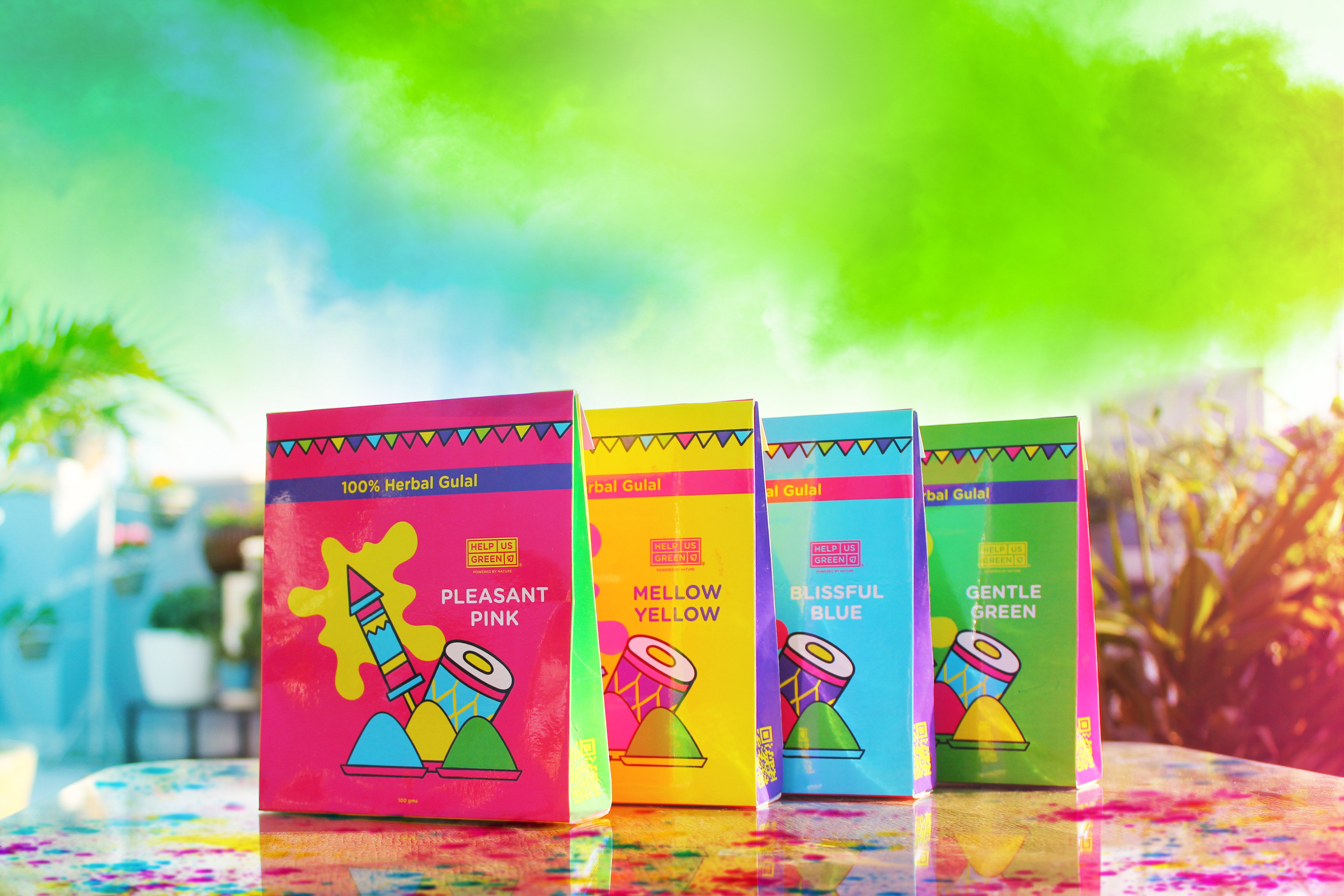 Introducing our all new range of NBRI approved, skin friendly, Herbal Gulal. Available in: Pleasant Pink, Mellow Yellow, Blissful Blue, and Gentle Green - Help Us Green